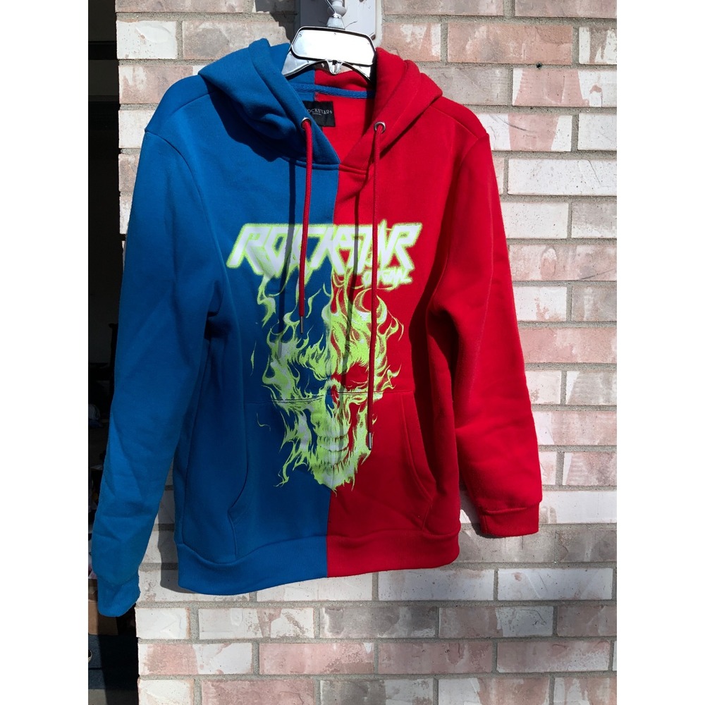 Rockstar Original Hoodie‎ Red Blue Skull Graphic Pullover Sweatshirt